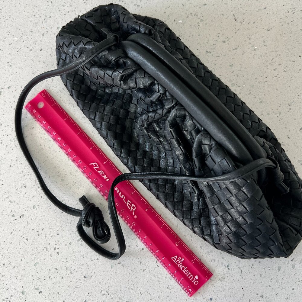 Intrecciato Woven Black Faux Leather Pouch Clutch with Strap - Picture 9 of 10